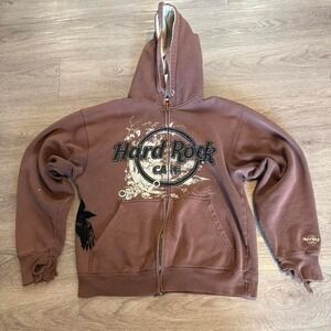 Men’s Vintage Hard Rock Cafe Brown Zip-Up Hoodie with Black Logo